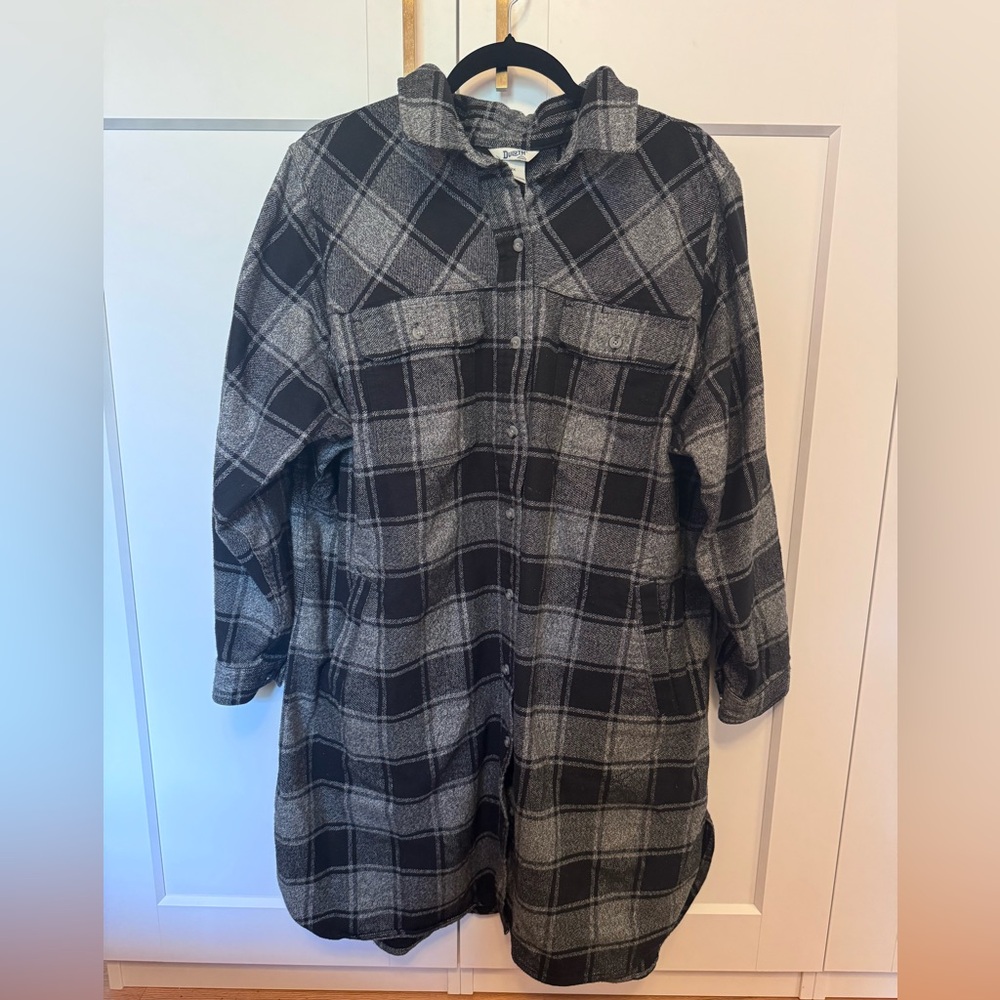Folklore plaid flannel duster in black and grey check